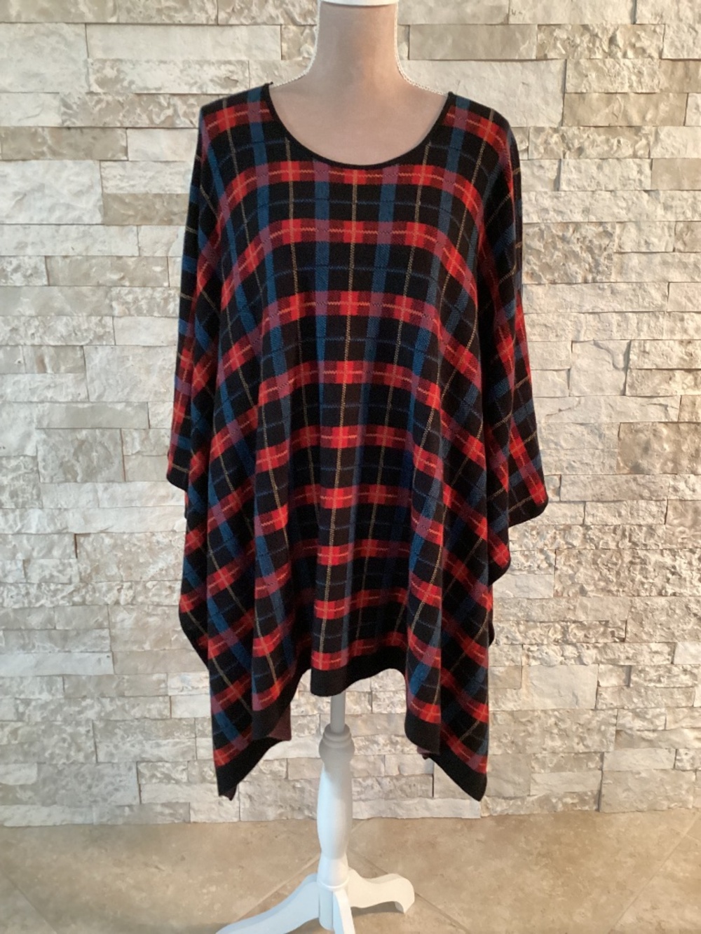 NWT Anne Klein Plaid Poncho Sweater Wool Silk Blend Titian Red 3X